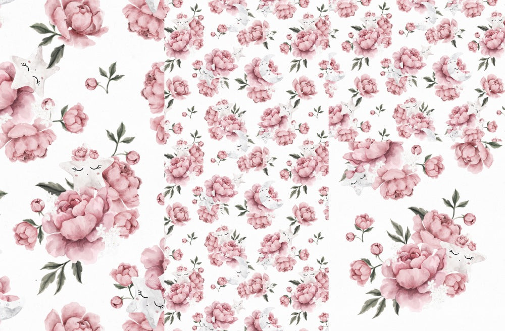 Panel on cocoon envelope and clutches, gloves Star in peonies on white