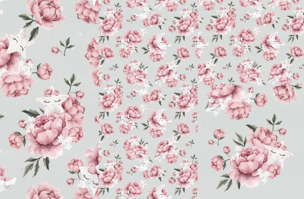 Panel on cocoon envelope and clutches, gloves Star in peonies on gray