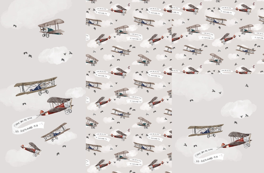 Panel on cocoon envelope and clutches, gloves Airplanes on beige