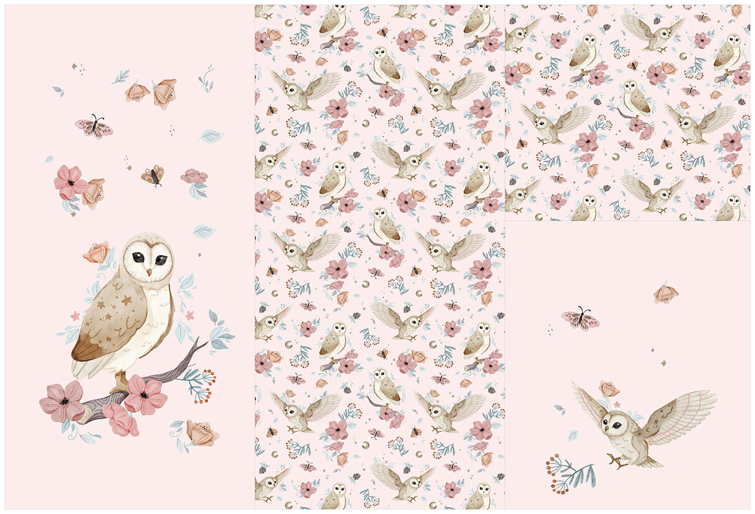 Panel on cocoon envelope and clutches, gloves Owl in flowers