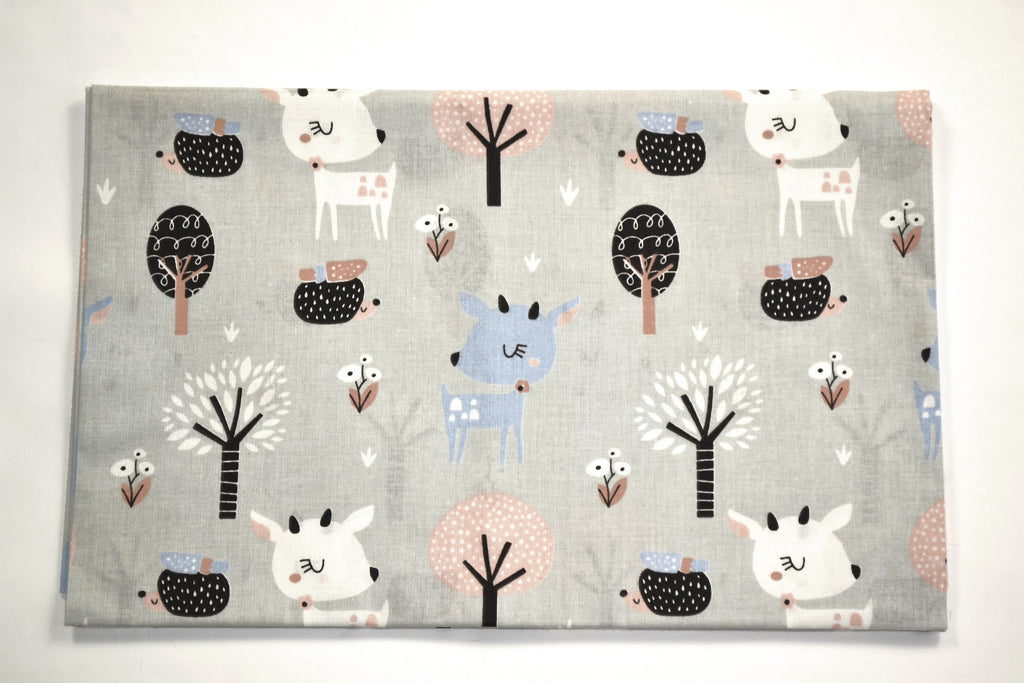 Regular Cotton Fabric - Fawns And Hedgehogs V Forest On Light Gray