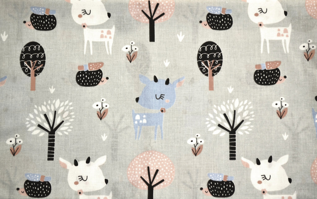 Regular Cotton Fabric - Fawns And Hedgehogs V Forest On Light Gray