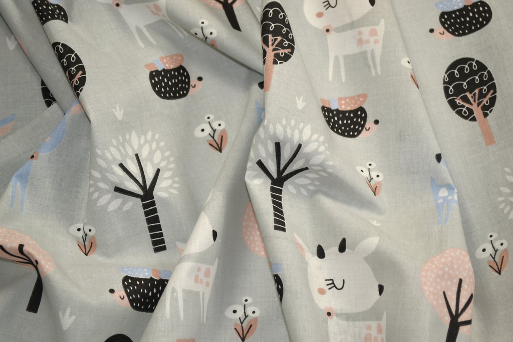Regular Cotton Fabric - Fawns And Hedgehogs V Forest On Light Gray