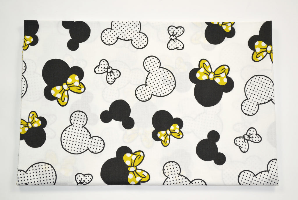 Regular Cotton Fabric - Black And White Mickey Mouse With Zheltymy Bows On White