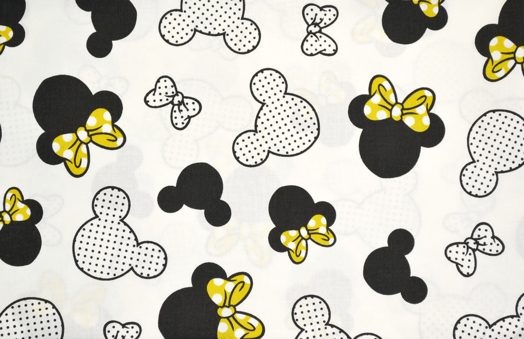 Regular Cotton Fabric - Black And White Mickey Mouse With Zheltymy Bows On White