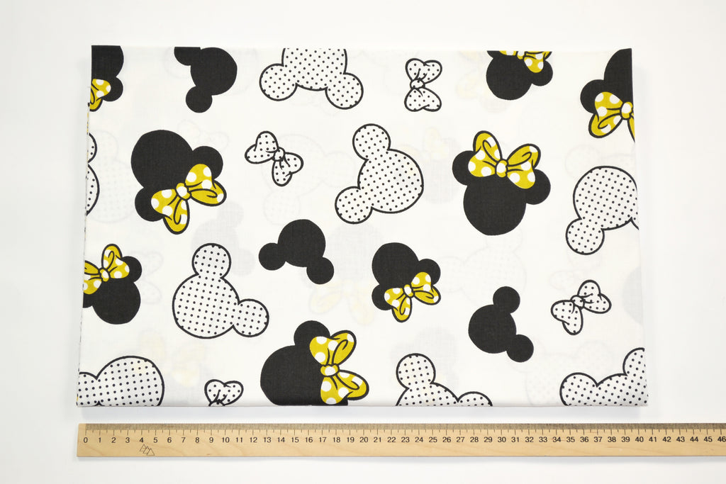 Regular Cotton Fabric - Black And White Mickey Mouse With Zheltymy Bows On White