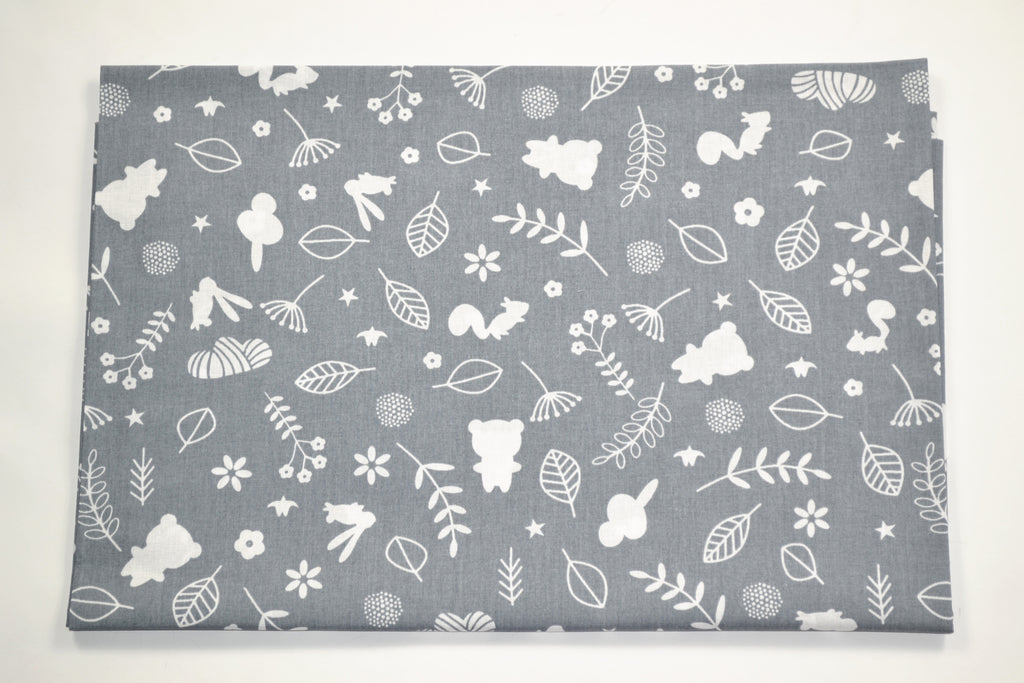 Regular Cotton Fabric - White Forest Animals And Plants On Gray