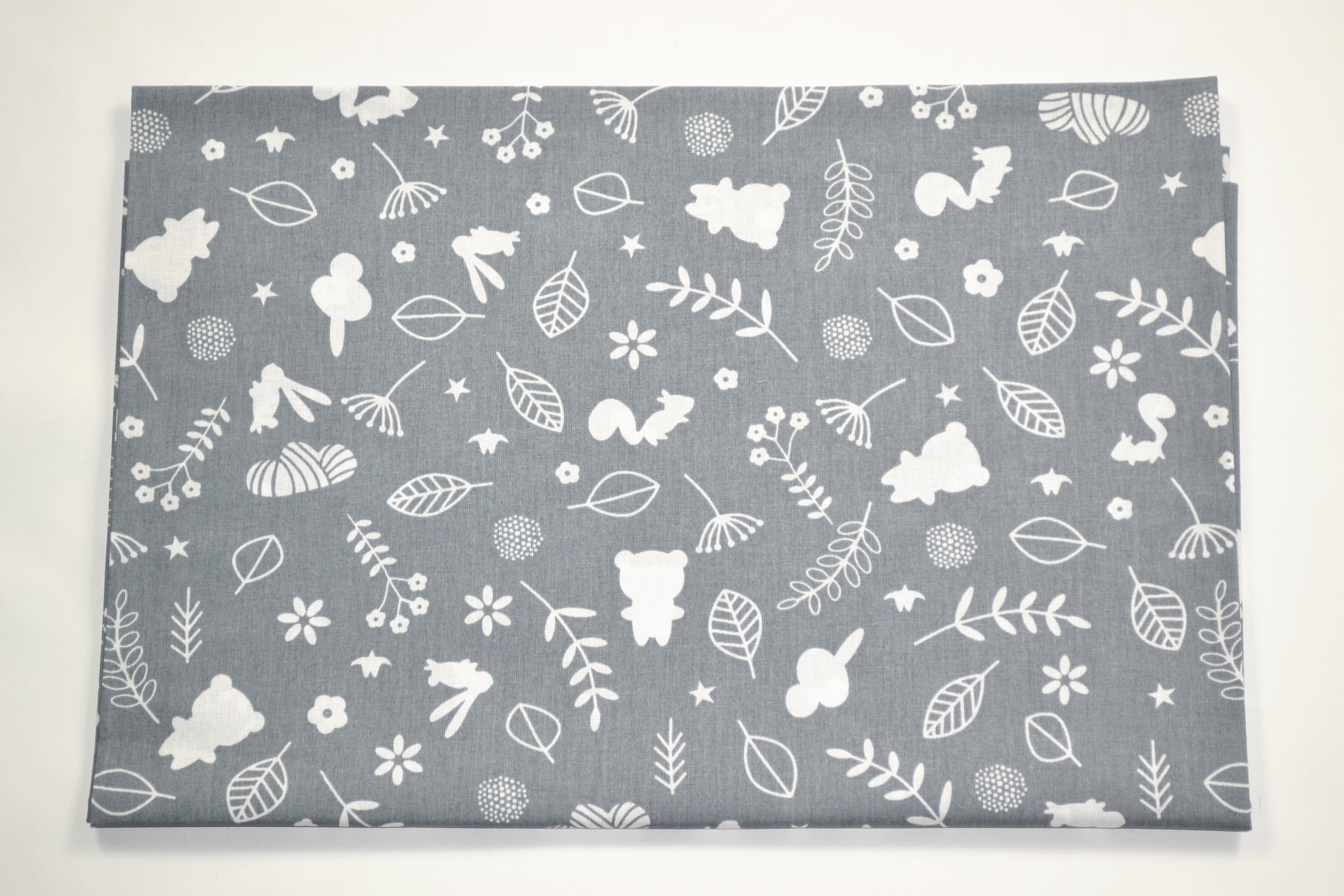 Regular Cotton Fabric - White Forest Animals And Plants On Gray