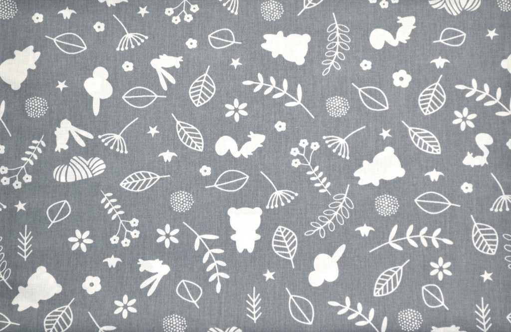 Regular Cotton Fabric - White Forest Animals And Plants On Gray