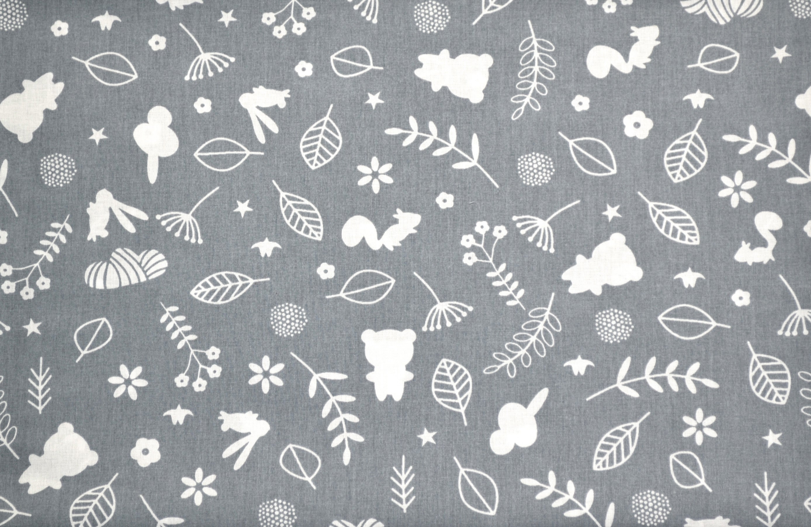 Regular Cotton Fabric - White Forest Animals And Plants On Gray