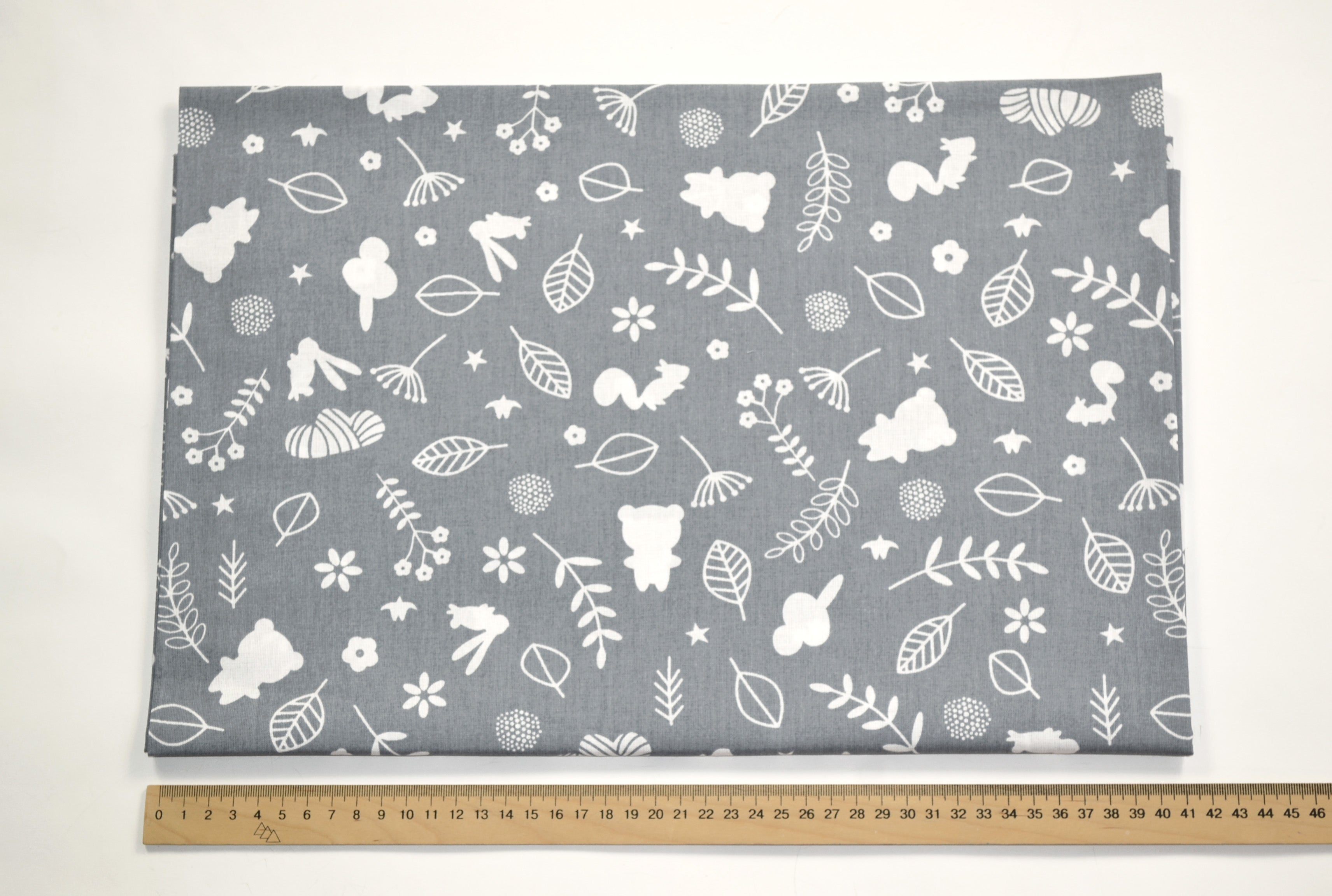 Regular Cotton Fabric - White Forest Animals And Plants On Gray