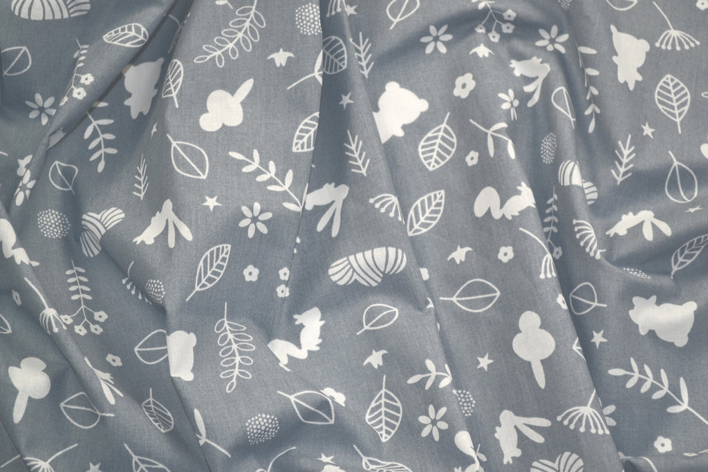 Regular Cotton Fabric - White Forest Animals And Plants On Gray