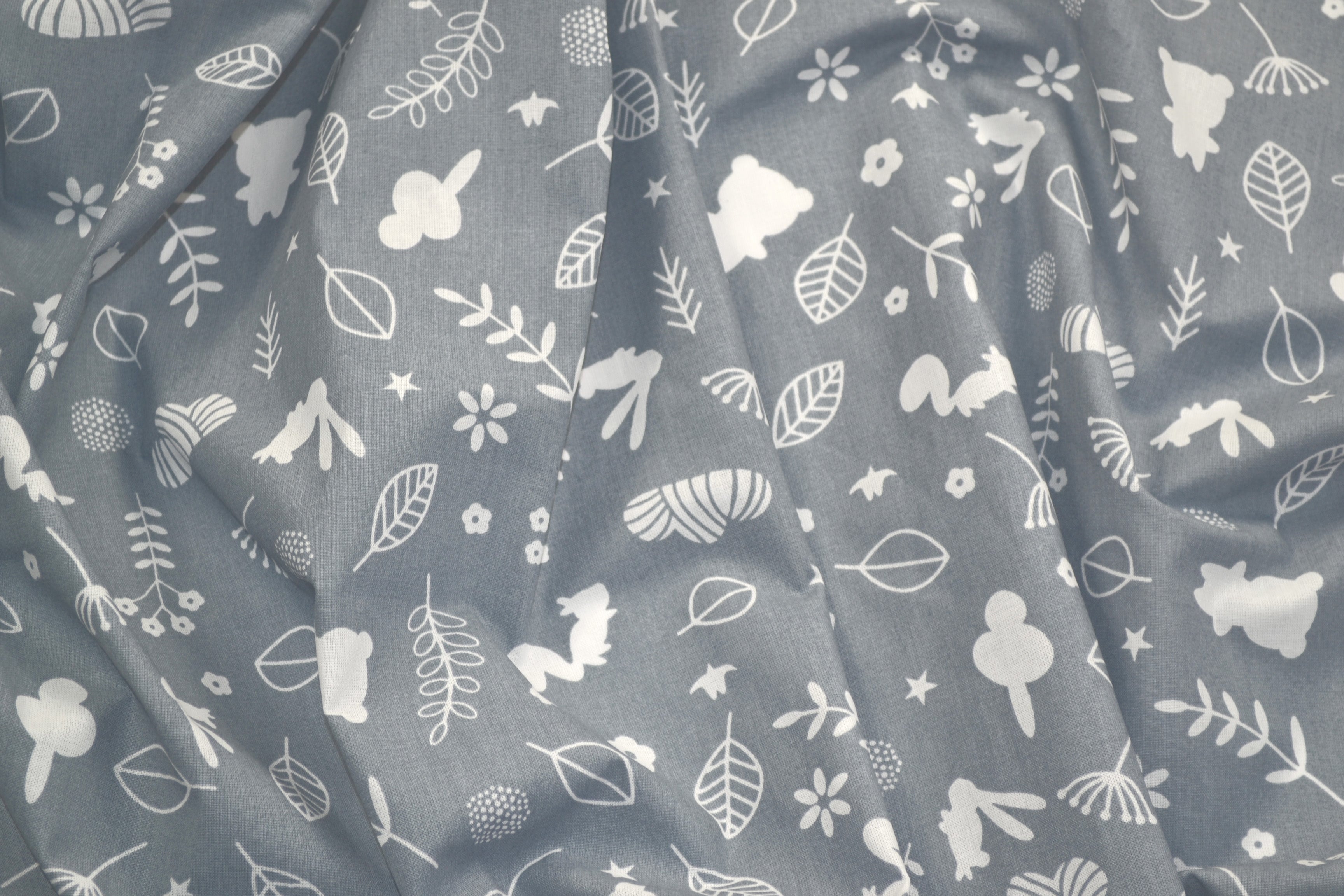 Regular Cotton Fabric - White Forest Animals And Plants On Gray