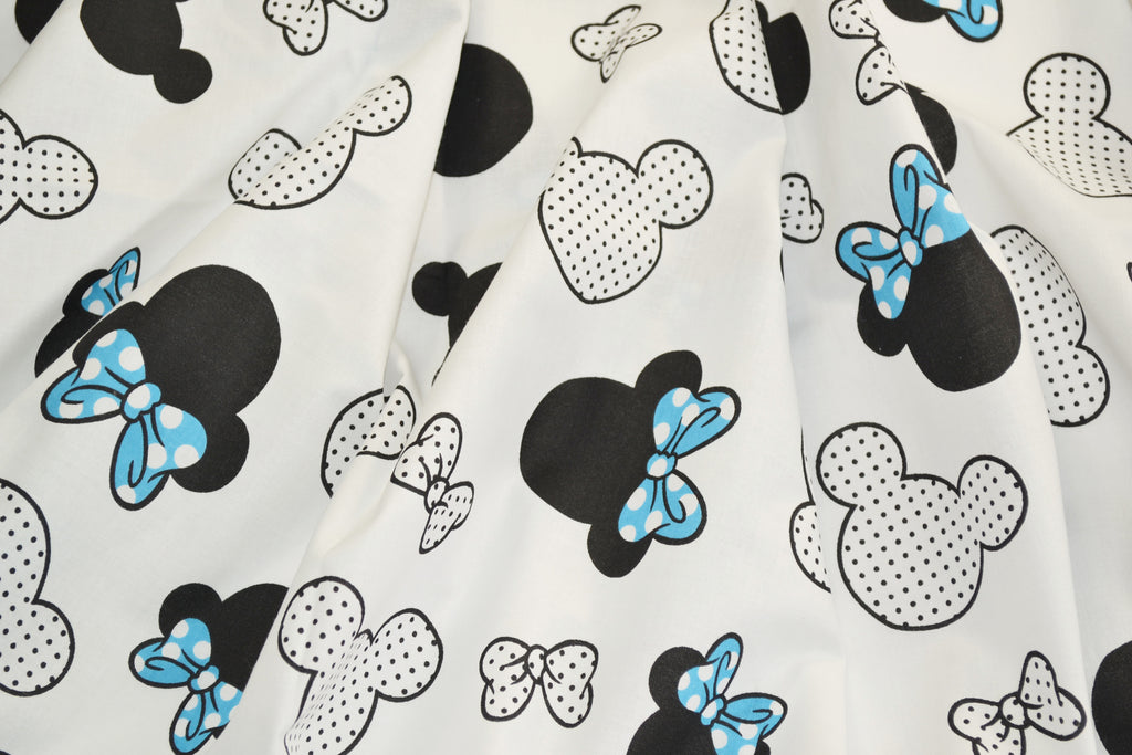 Regular Cotton Fabric - Black And White Mickey Mouse With Synymy Bows On White