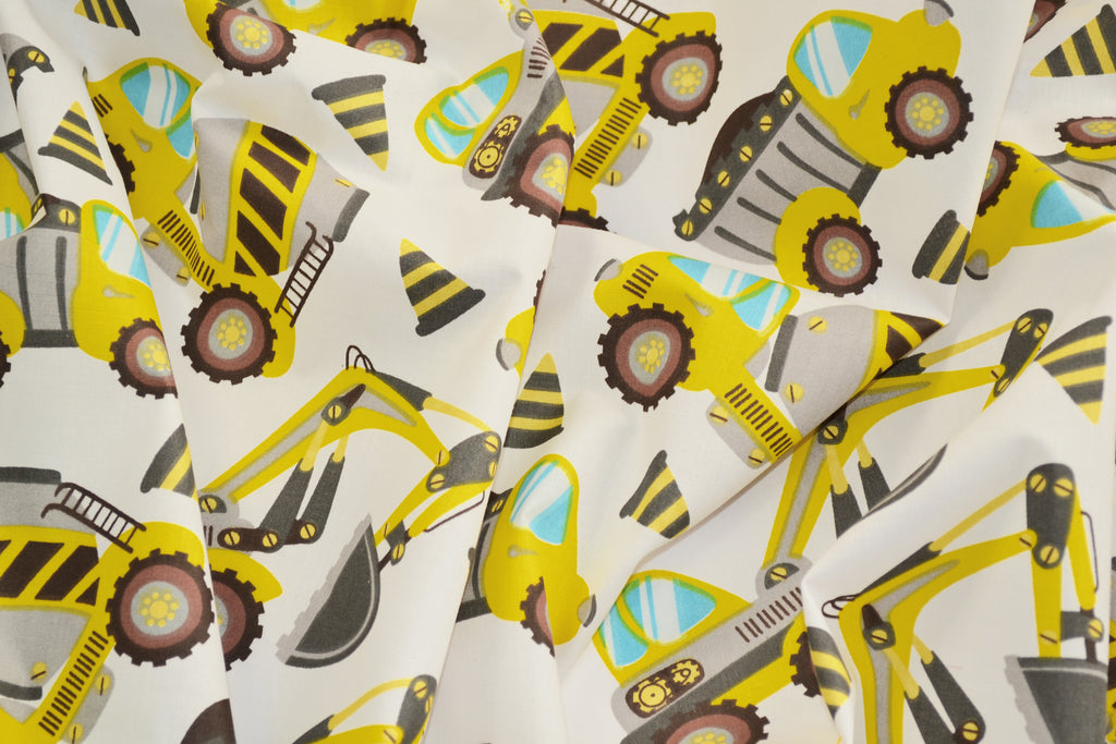Regular Cotton Fabric - Zheltaya Construction Vehicles On White
