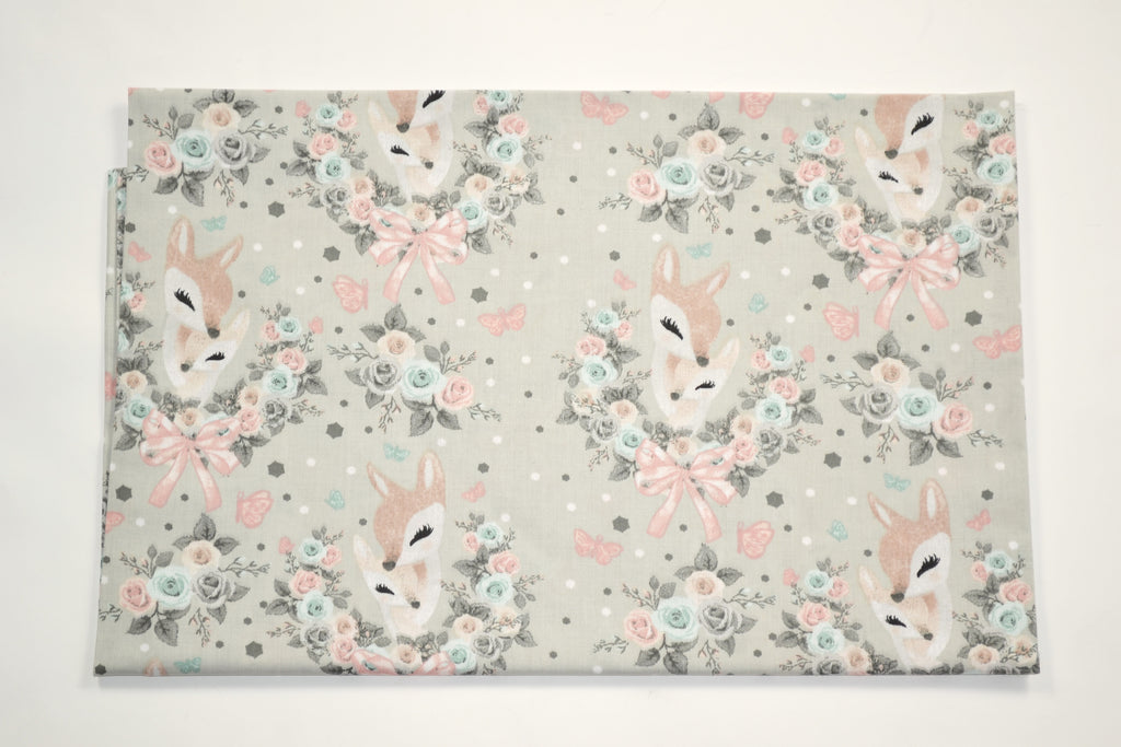 Regular Cotton Fabric - Deer V Floral Wreaths On Light Gray