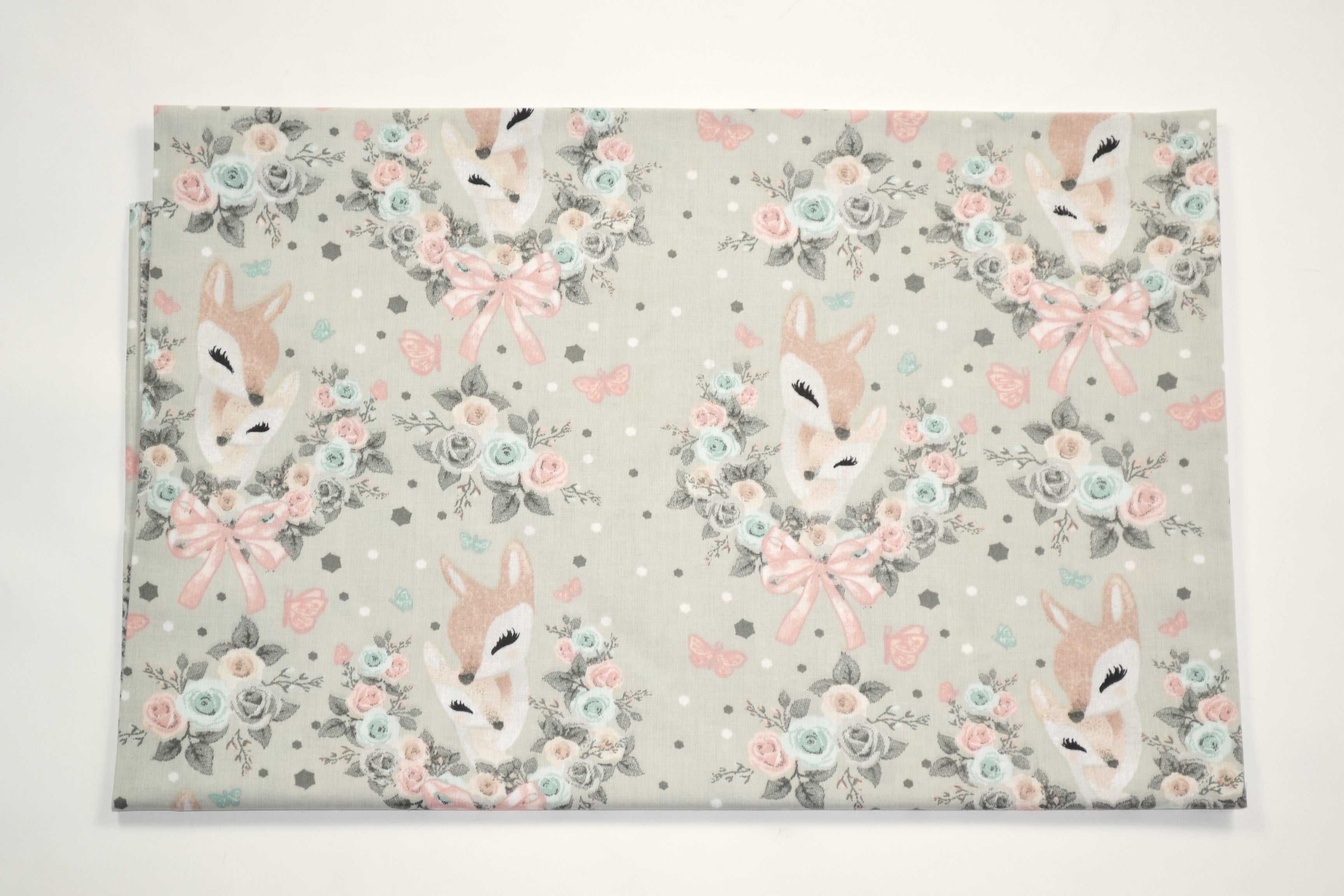 Regular Cotton Fabric - Deer V Floral Wreaths On Light Gray