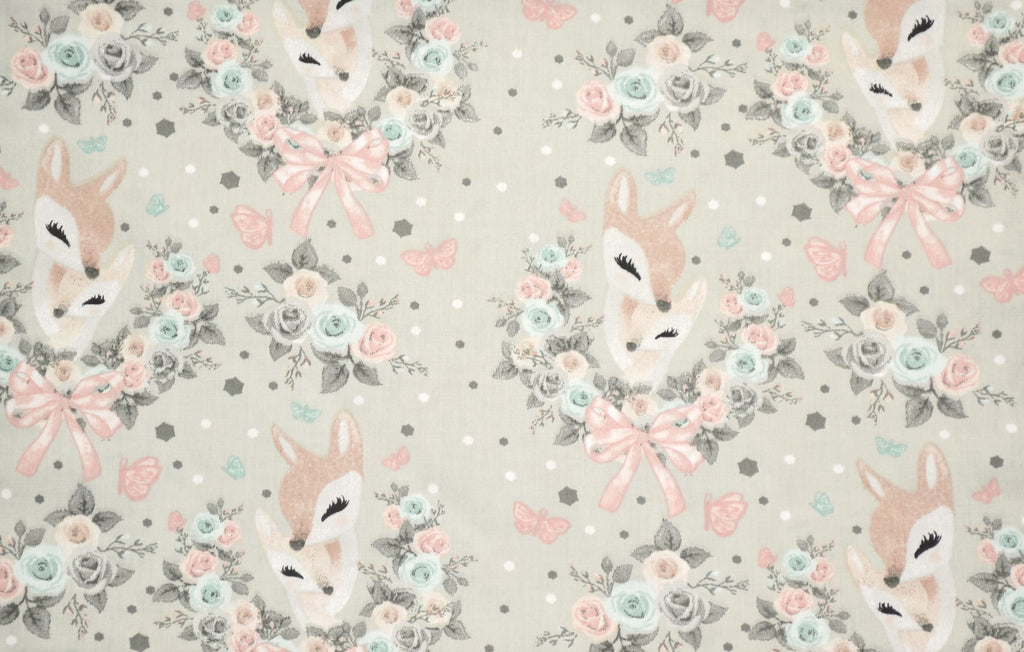 Regular Cotton Fabric - Deer V Floral Wreaths On Light Gray