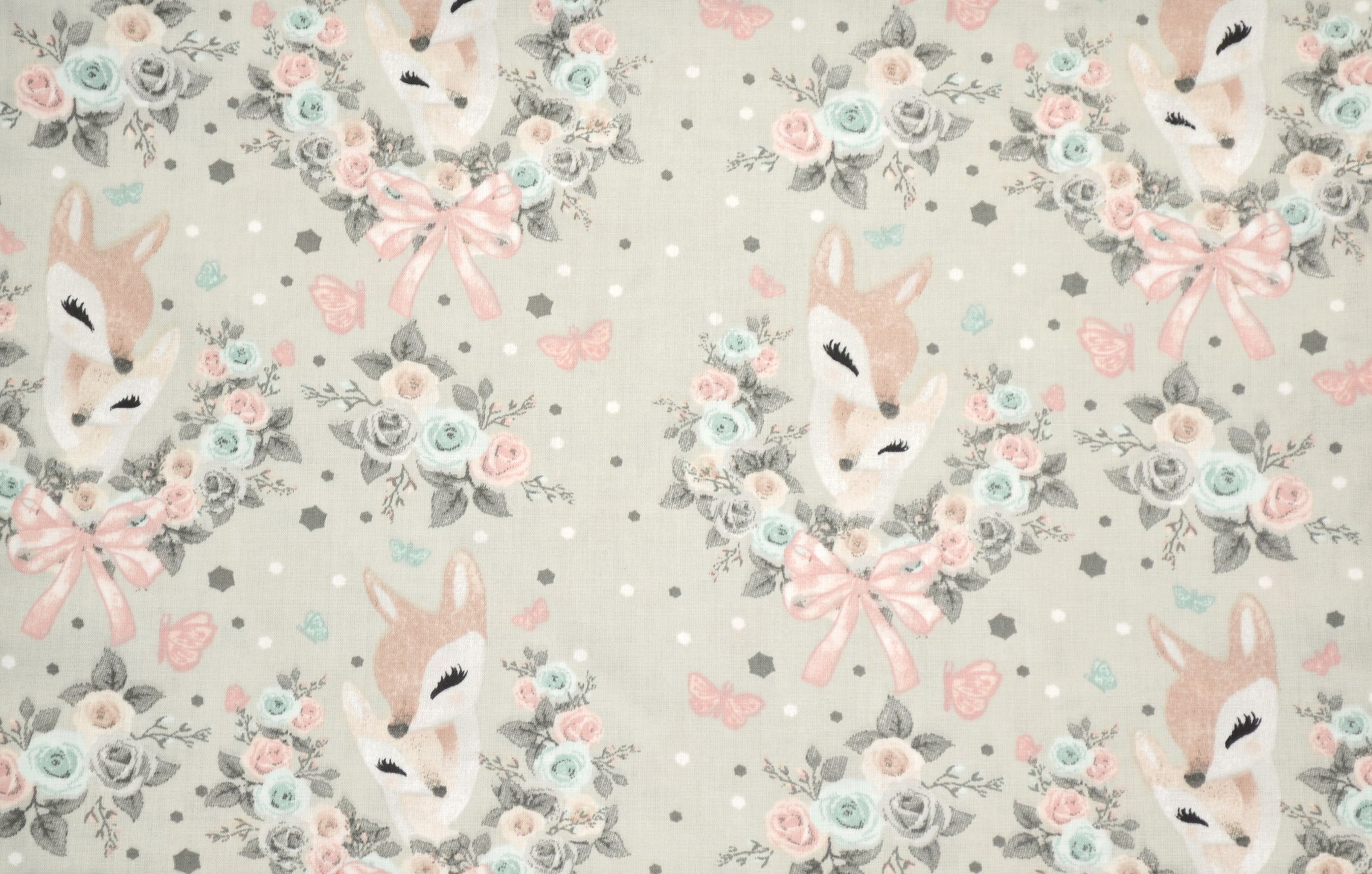 Regular Cotton Fabric - Deer V Floral Wreaths On Light Gray