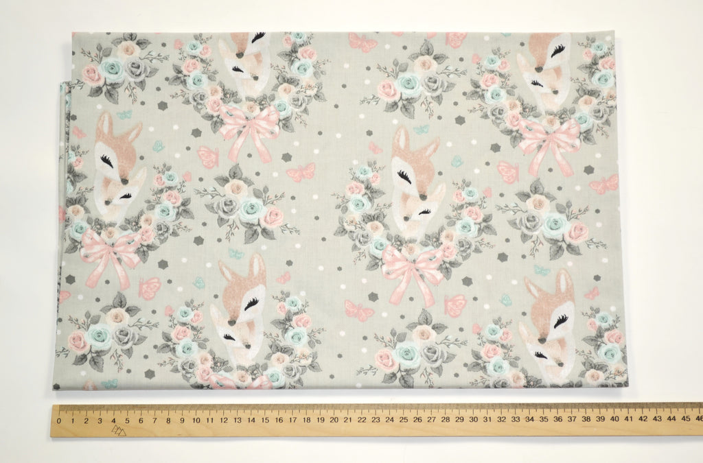 Regular Cotton Fabric - Deer V Floral Wreaths On Light Gray