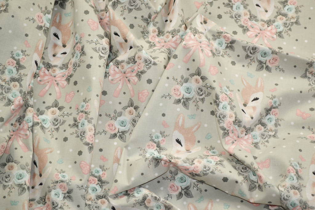 Regular Cotton Fabric - Deer V Floral Wreaths On Light Gray