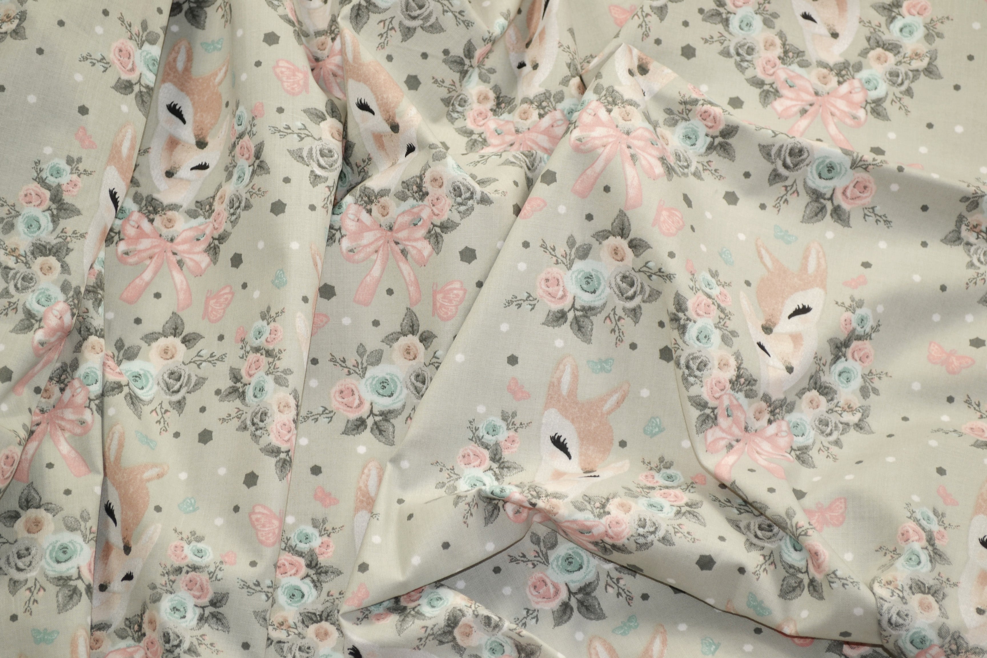 Regular Cotton Fabric - Deer V Floral Wreaths On Light Gray