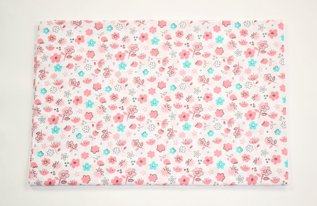 Regular Cotton Fabric - Nezhno Pink And Mint Flowers On White