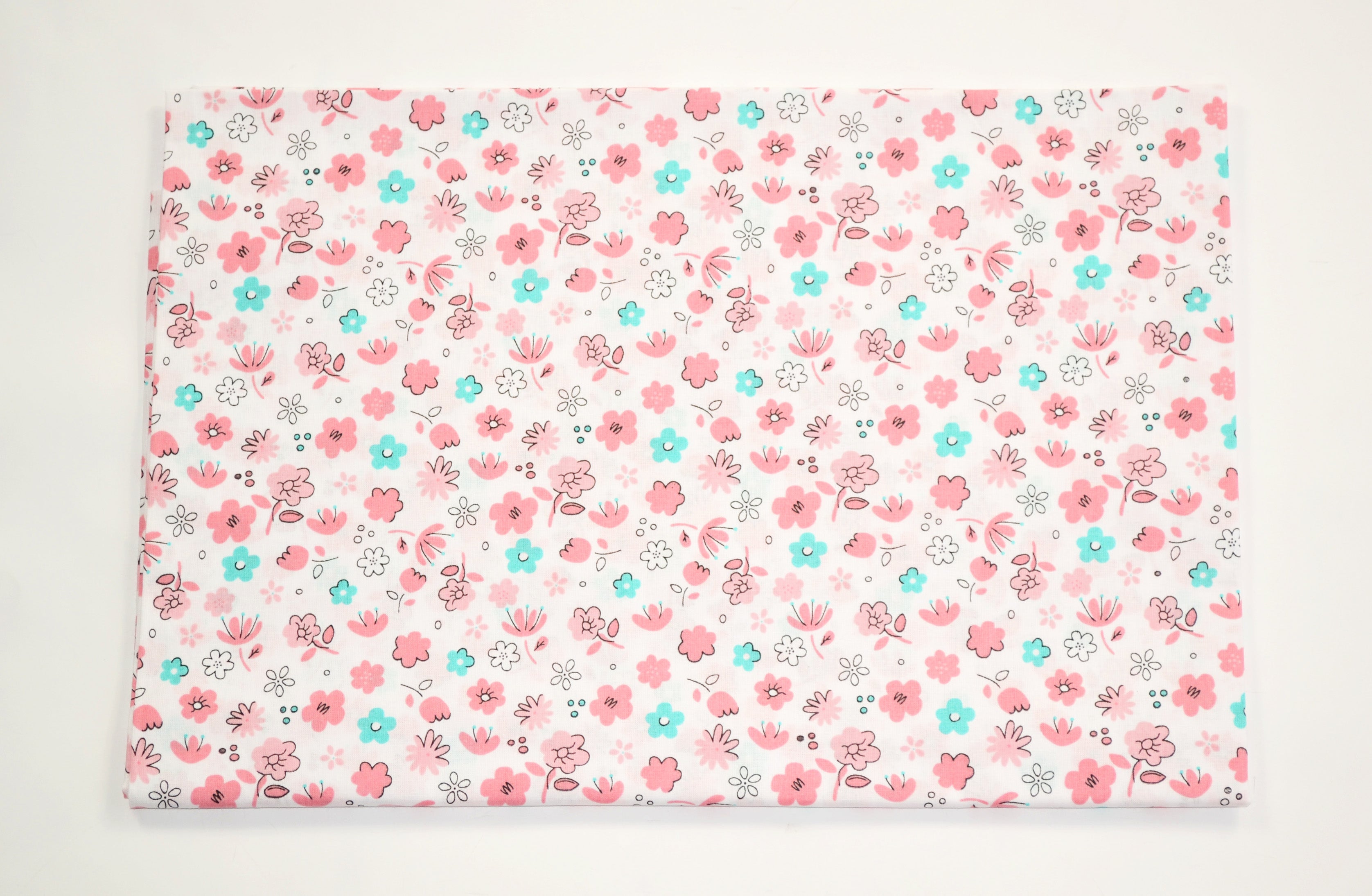 Regular Cotton Fabric - Nezhno Pink And Mint Flowers On White