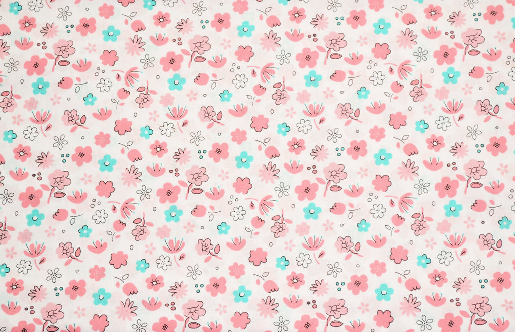 Regular Cotton Fabric - Nezhno Pink And Mint Flowers On White