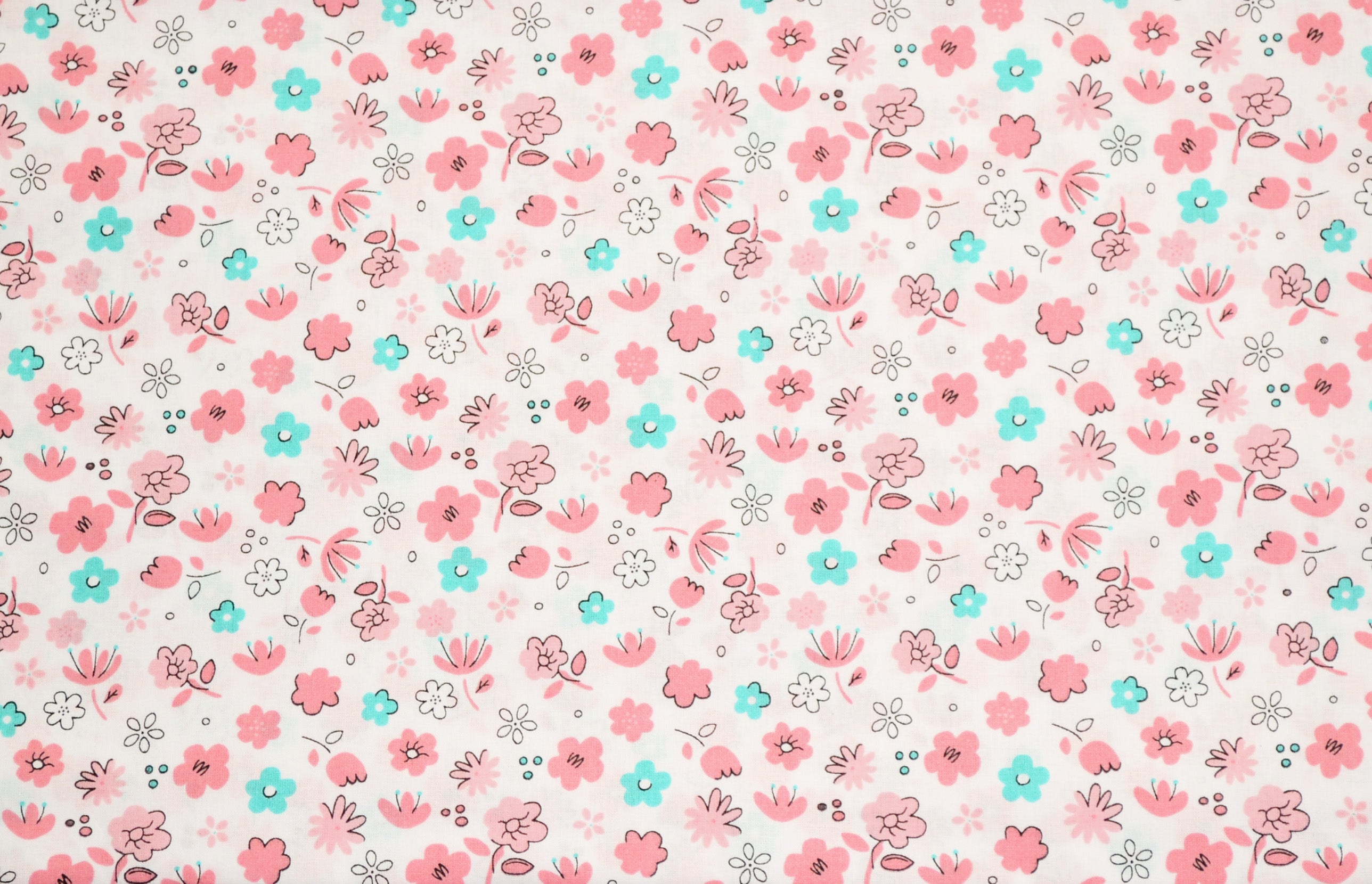 Regular Cotton Fabric - Nezhno Pink And Mint Flowers On White