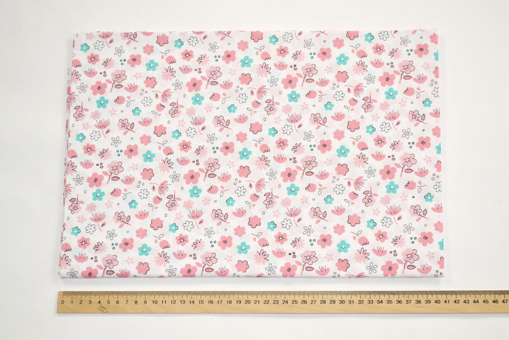 Regular Cotton Fabric - Nezhno Pink And Mint Flowers On White