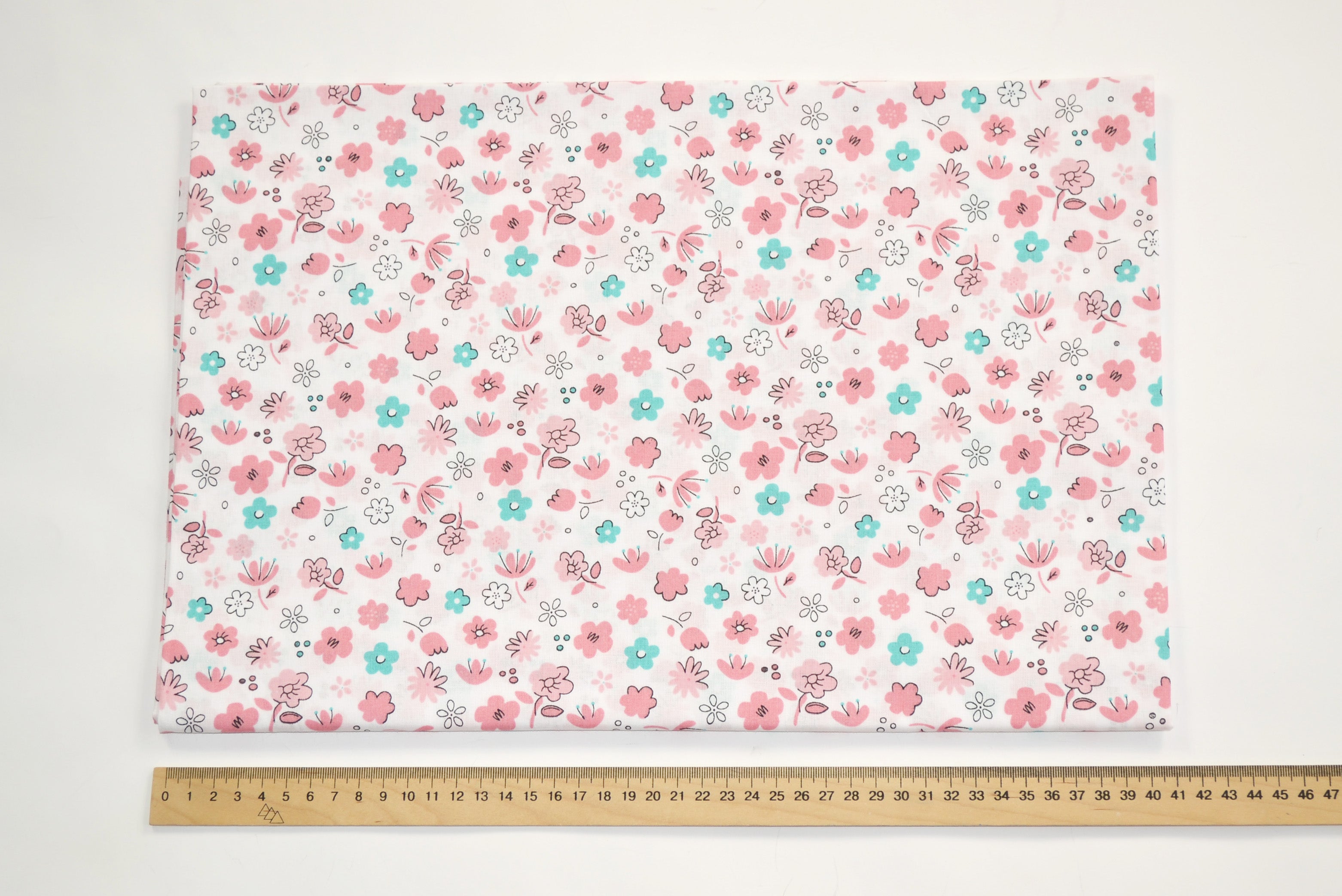 Regular Cotton Fabric - Nezhno Pink And Mint Flowers On White