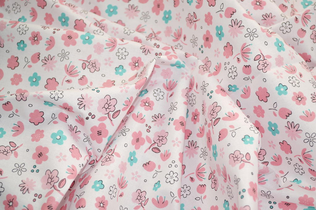 Regular Cotton Fabric - Nezhno Pink And Mint Flowers On White
