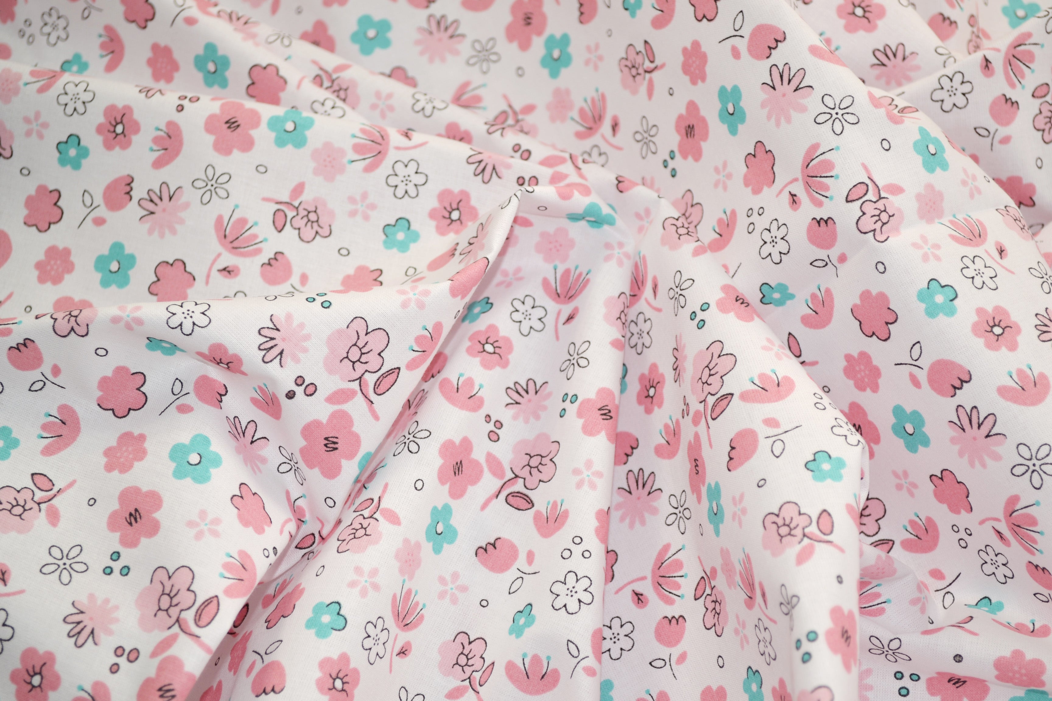 Regular Cotton Fabric - Nezhno Pink And Mint Flowers On White
