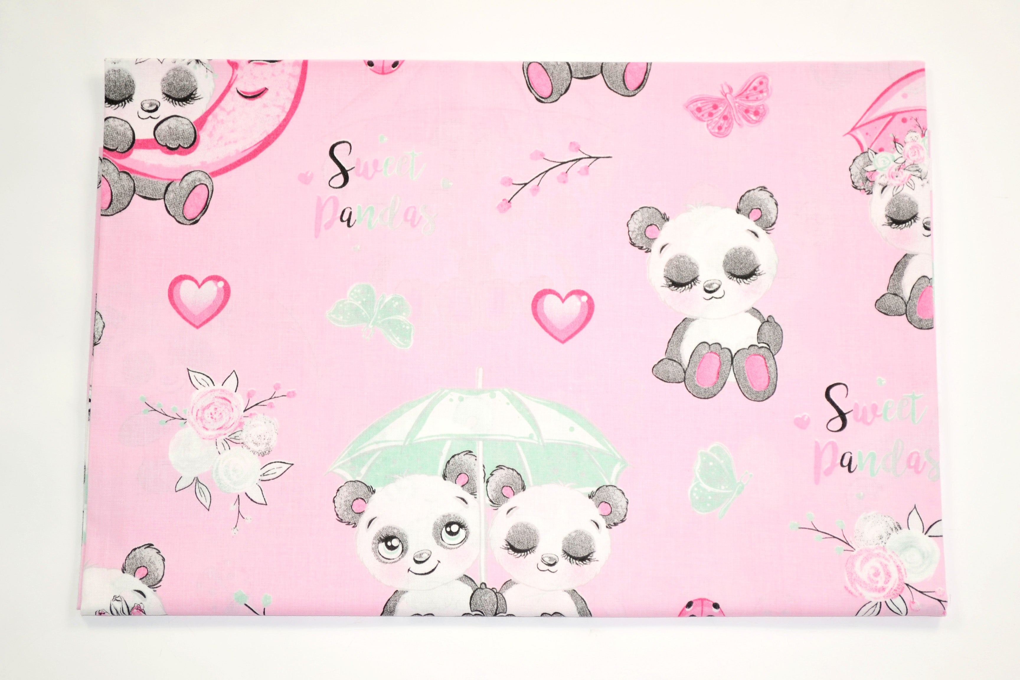 Regular Cotton Fabric - Pandas With Umbrellas On Pink