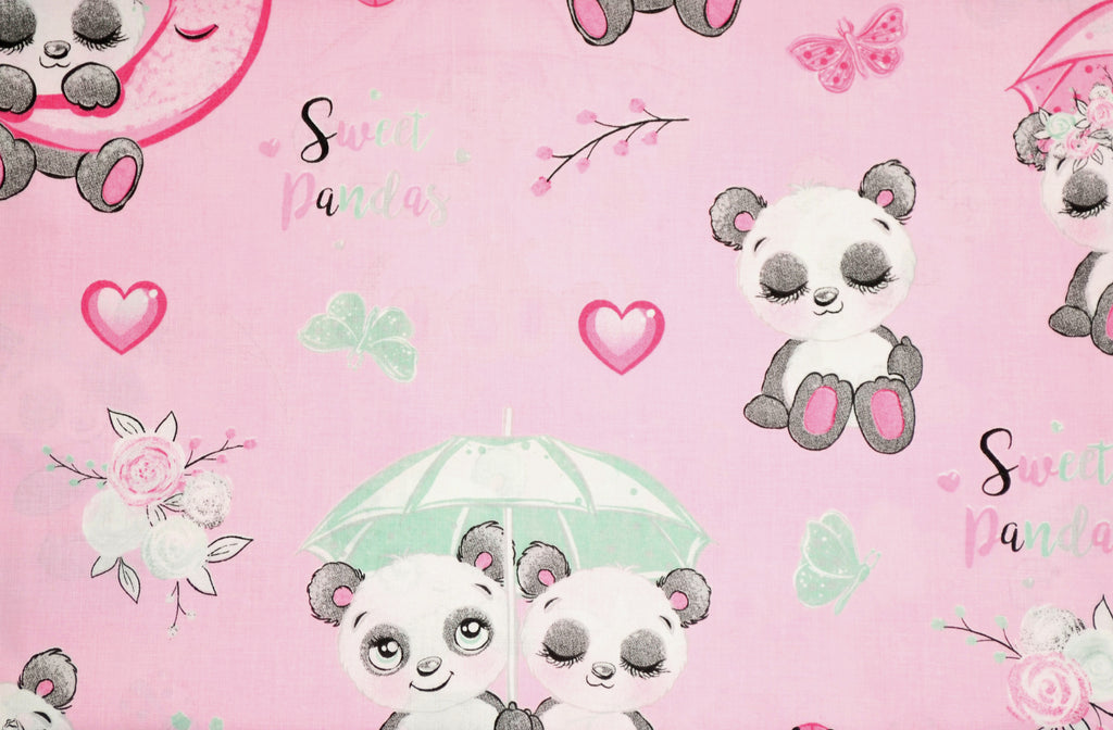 Regular Cotton Fabric - Pandas With Umbrellas On Pink
