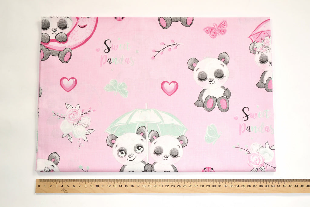 Regular Cotton Fabric - Pandas With Umbrellas On Pink