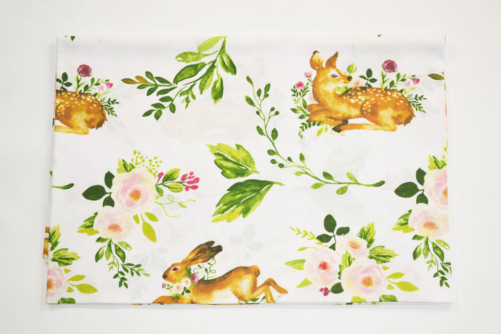 Regular Cotton Fabric - Deer And Rabbits V Cvetochnyh Branches On White