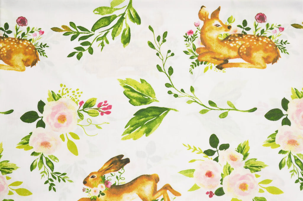 Regular Cotton Fabric - Deer And Rabbits V Cvetochnyh Branches On White