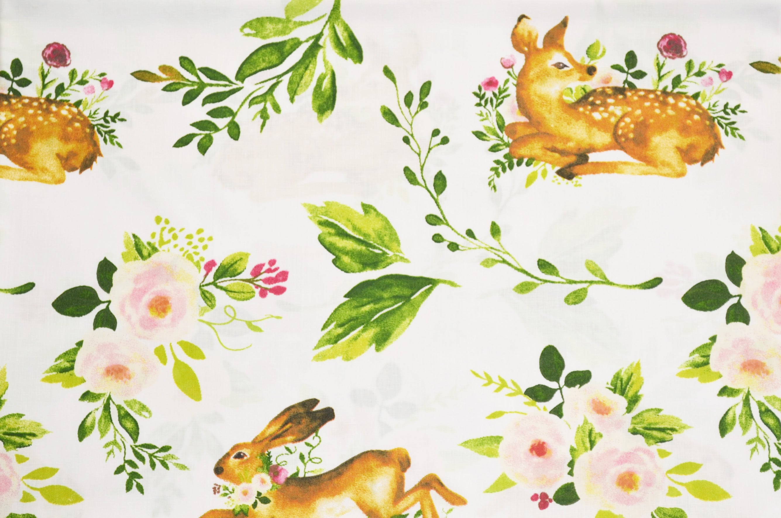 Regular Cotton Fabric - Deer And Rabbits V Cvetochnyh Branches On White