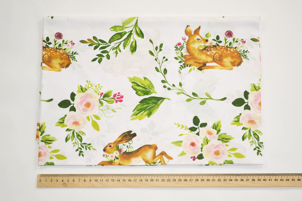 Regular Cotton Fabric - Deer And Rabbits V Cvetochnyh Branches On White