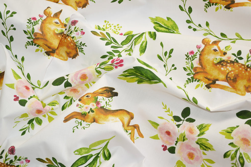 Regular Cotton Fabric - Deer And Rabbits V Cvetochnyh Branches On White