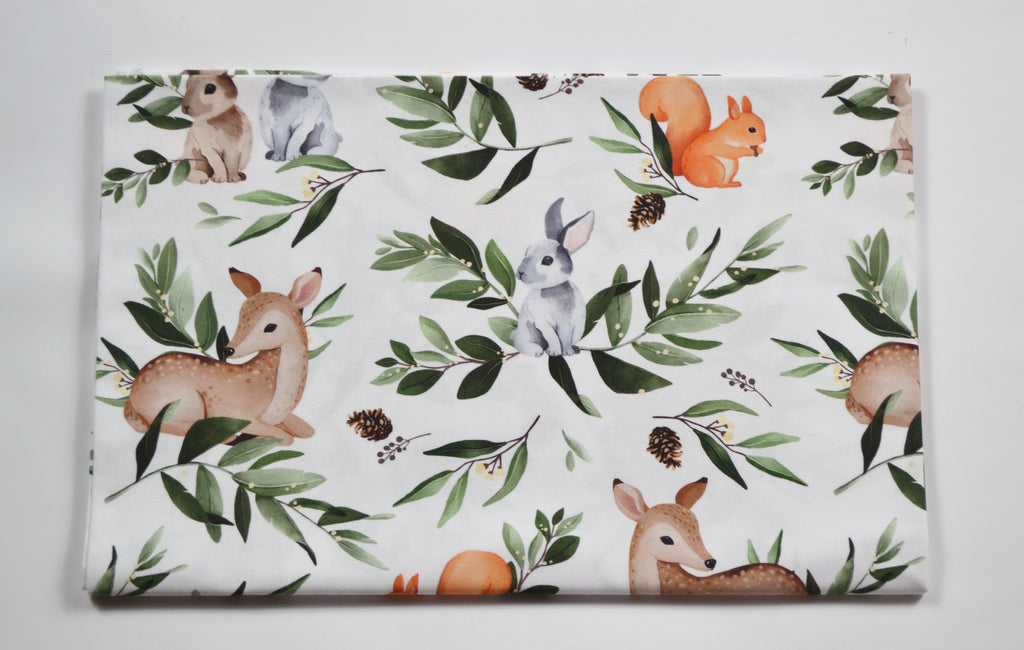 Premium Cotton Fabric - Roe Deer, Bunnies and Squirrel in Leaves
