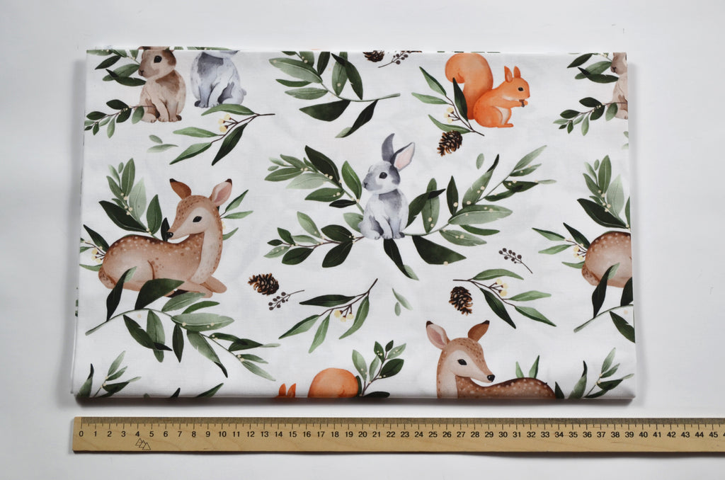 Premium Cotton Fabric - Roe Deer, Bunnies and Squirrel in Leaves
