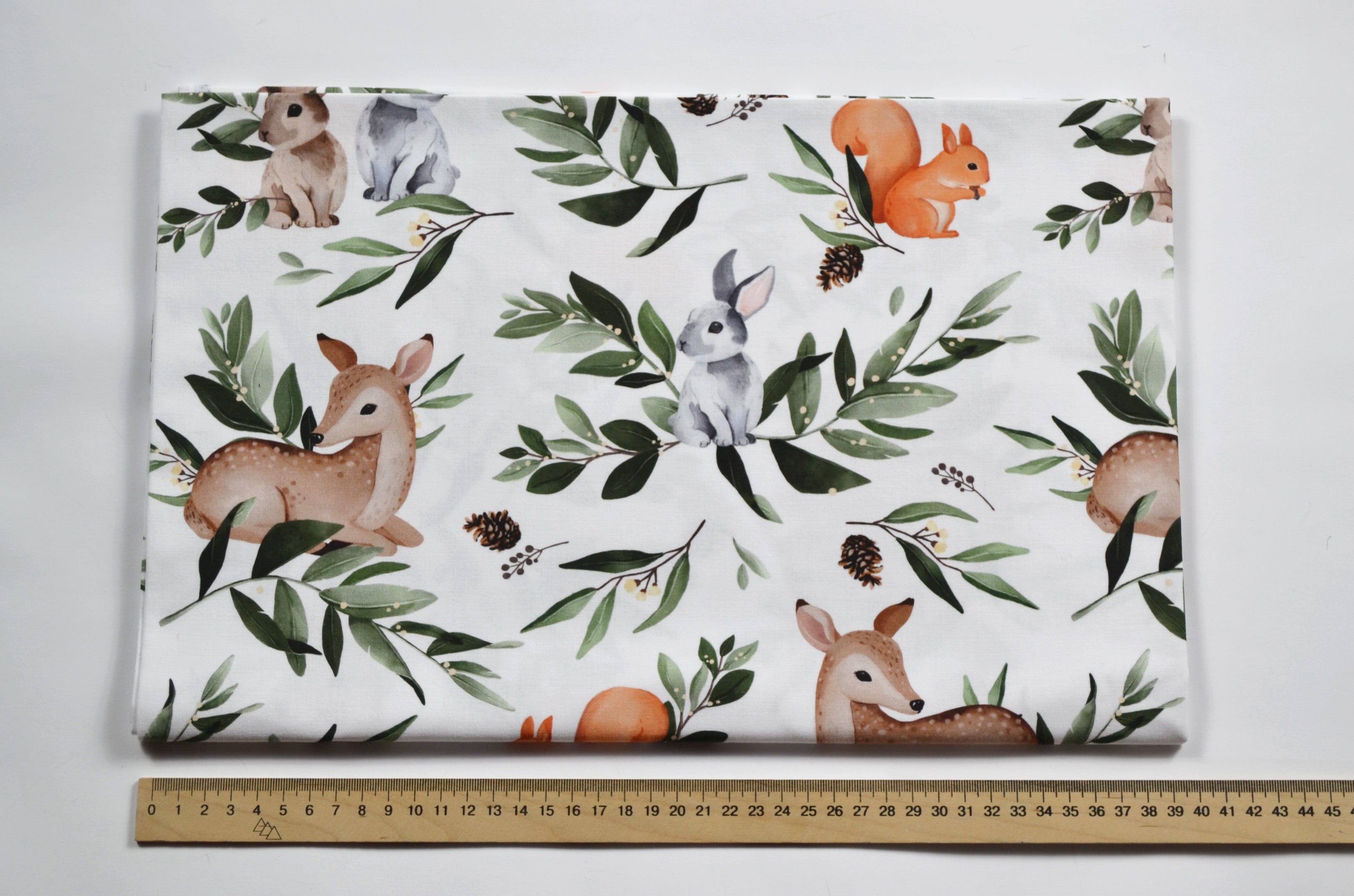 Premium Cotton Fabric - Roe Deer, Bunnies and Squirrel in Leaves