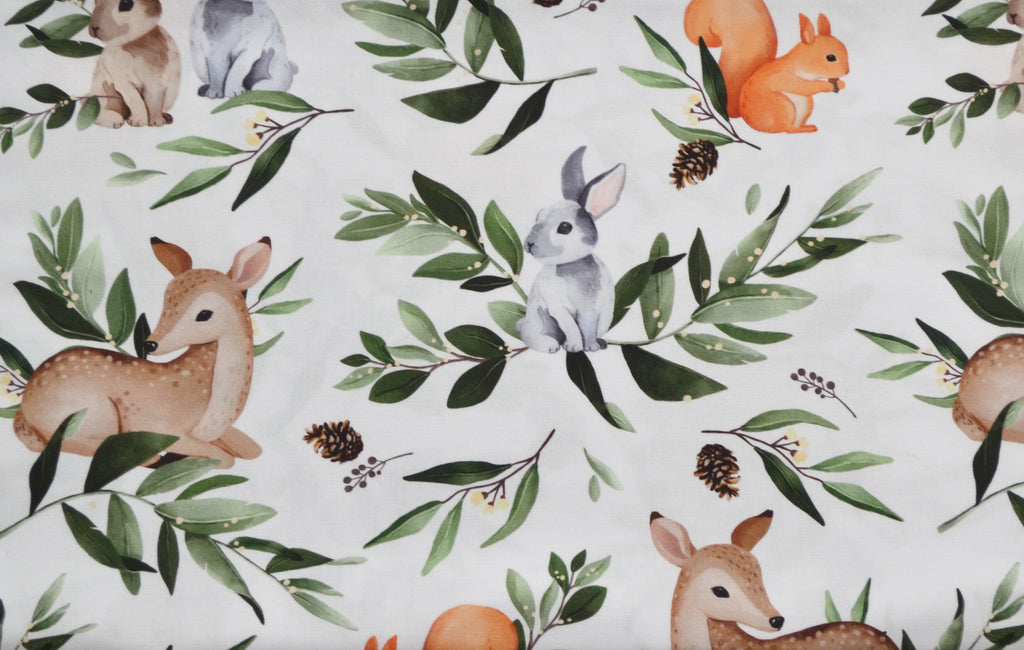 Premium Cotton Fabric - Roe Deer, Bunnies and Squirrel in Leaves