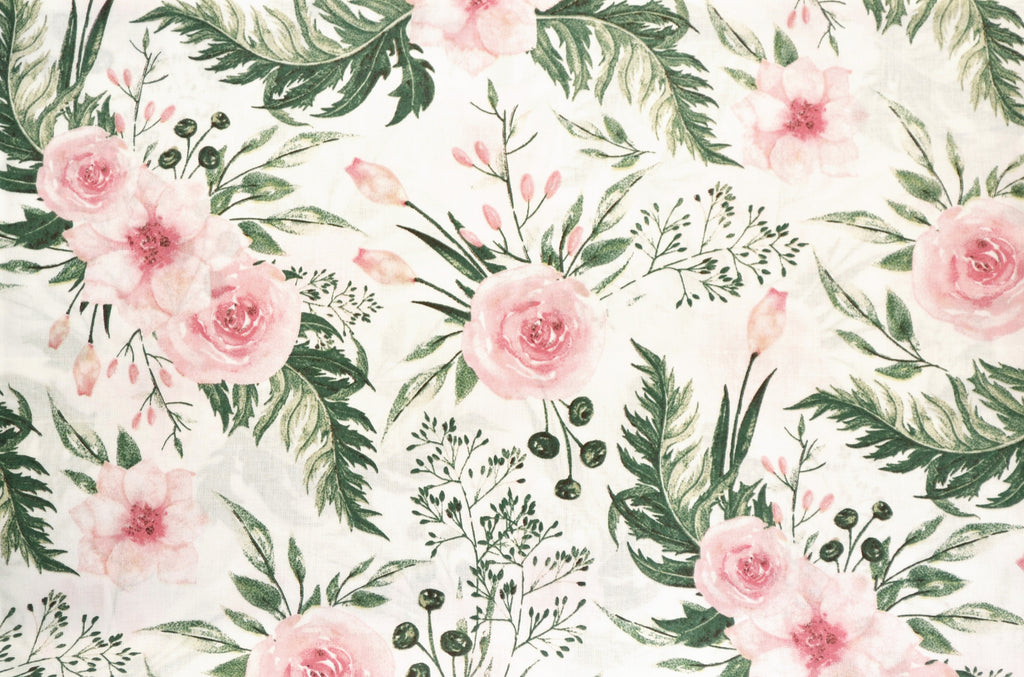 Regular Cotton Fabric - Branches Tea Roses On White