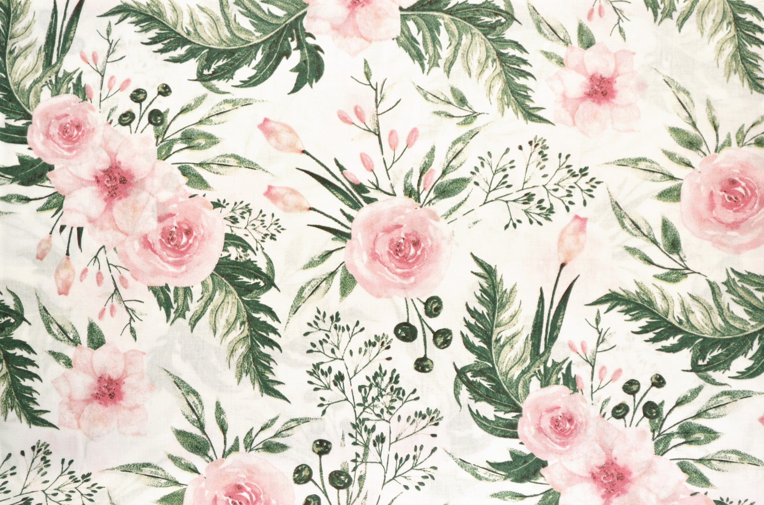 Regular Cotton Fabric - Branches Tea Roses On White