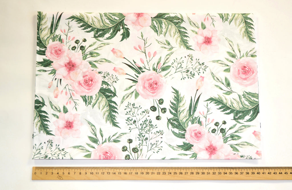 Regular Cotton Fabric - Branches Tea Roses On White