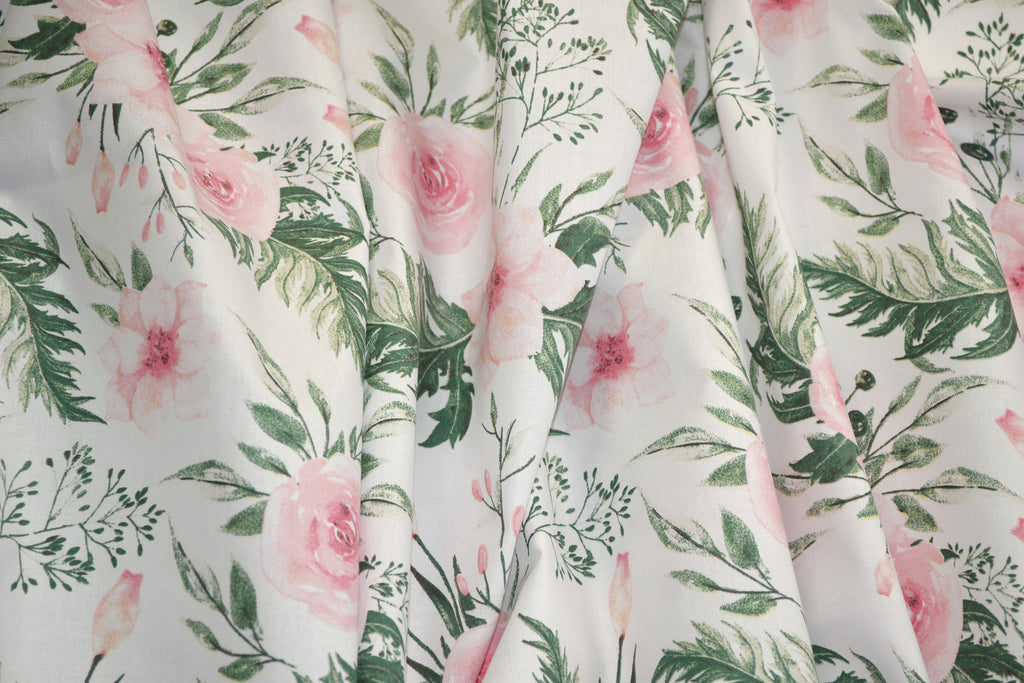 Regular Cotton Fabric - Branches Tea Roses On White